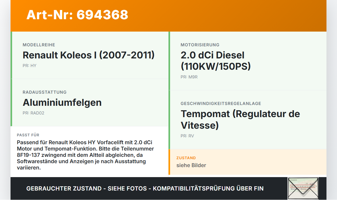 Renault Koleos HY 07-11 dCi 2,0 110KW Kombiinstrument Tacho Renault Koleos HY 07-11 18.09.2008 24810-JZ07D 8F19-137... Vorschau 3