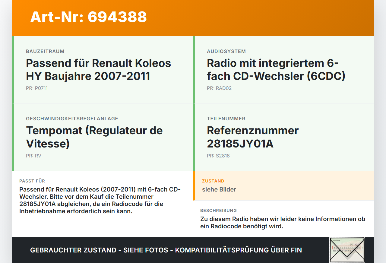 Renault Koleos HY 07-11 Autoradio CD-Radio 6CDC Unit Renault Koleos HY 07-11 18.09.2008 28185JY01A gebraucht Vorschau 3