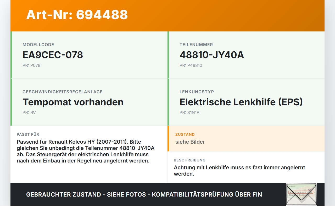 Renault Koleos HY 07-11 Lenkhilfe elektr. Renault Koleos HY 07-11 18.09.2008 48810-JY40A EA9CEC-078 gebraucht Vorschau 3