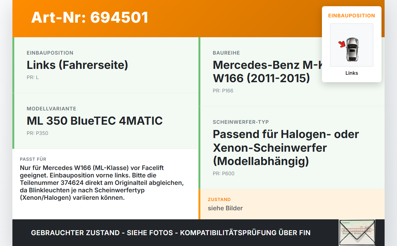 Mercedes W166 ML 350 11-15 Blinker Blinkleuchte Links orig für Scheinwerfer Mercedes W166 ML 350 11-15 06.12.2012... Vorschau 3