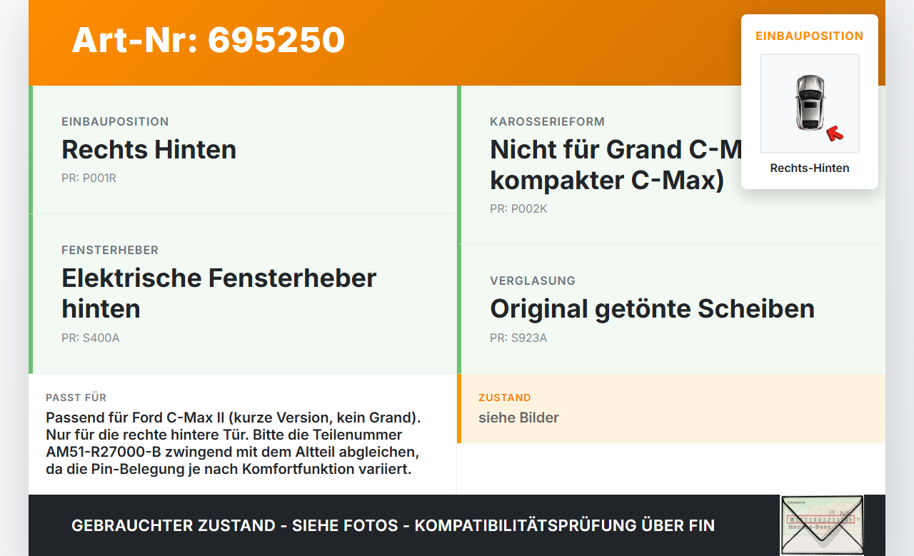Ford C-Max II 11-15 Fensterhebermotor mit Fensterheber Rechts Hinten Ford C-Max II 11-15 26.03.2013 AM51-R27000-B... Vorschau 3