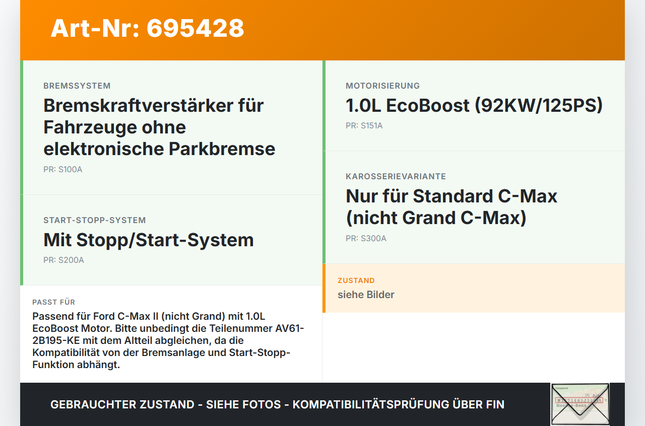 Ford C-Max II 11-15 1,0 92KW Bremskraftverstärker Ford C-Max II 11-15 26.03.2013 AV61-2B195-KE 03.7862-1935.4 gebraucht Vorschau 3