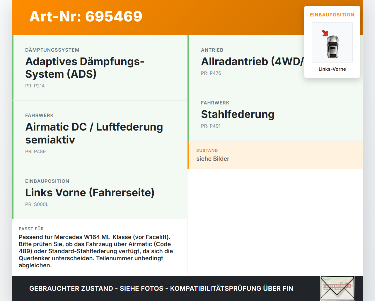 Mercedes W164 ML320 05-09 Querlenker Dreieckslenker Links Vorne Mercedes W164 ML320 05-09 14.12.2005 gebraucht Vorschau 3