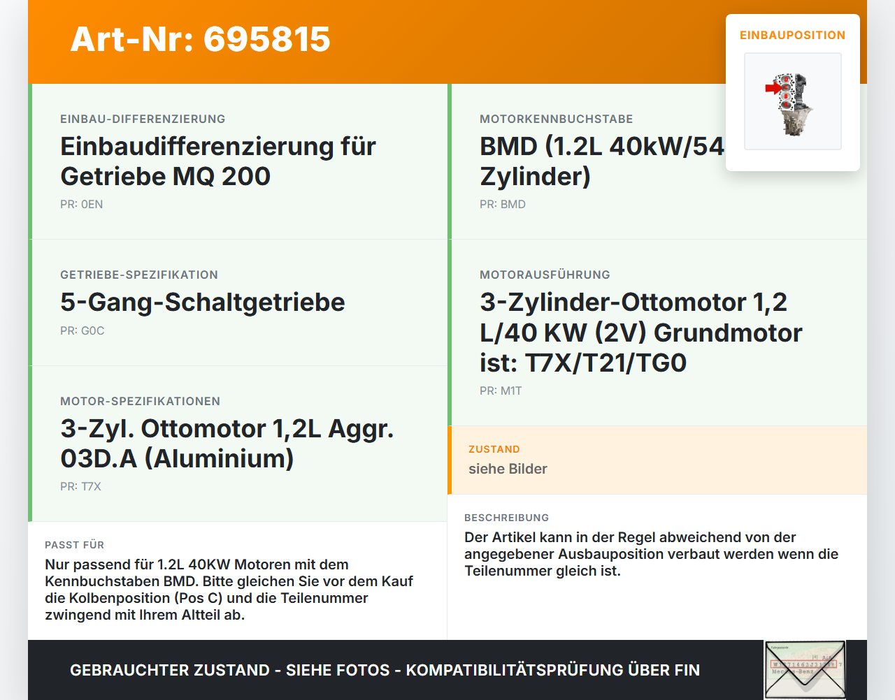 VW Fox 5Z 05-11 1,2 40KW BMD Kolben mit Pleuel Pos C VW Fox 5Z 05-11 29.01.2009 gebraucht Vorschau 3