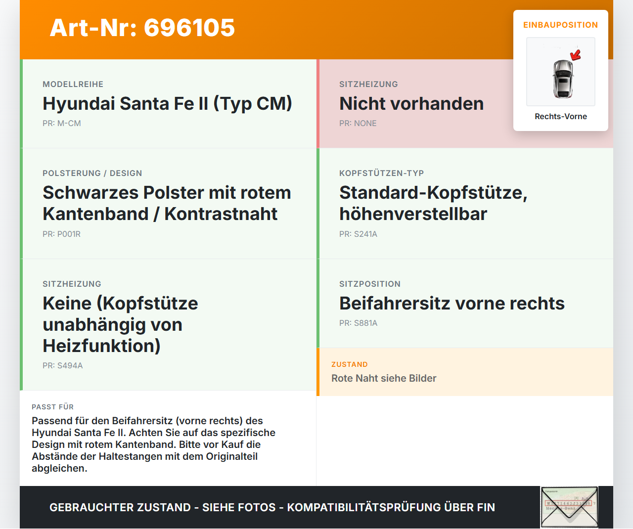 Hyundai Santa Fe II CM 06-12 Kopfstütze für Beifahrer Sitz Rechts Vorne rotes Kantenband Hyundai Santa Fe II CM... Vorschau 3