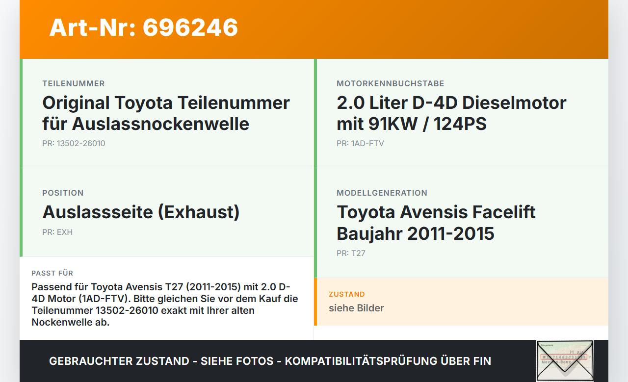 Toyota Avensis T27 11-15 2,0d 91KW 1ADFTV Nockenwelle Auslass Toyota Avensis T27 11-15 09.03.2012 13502-26010... Vorschau 3