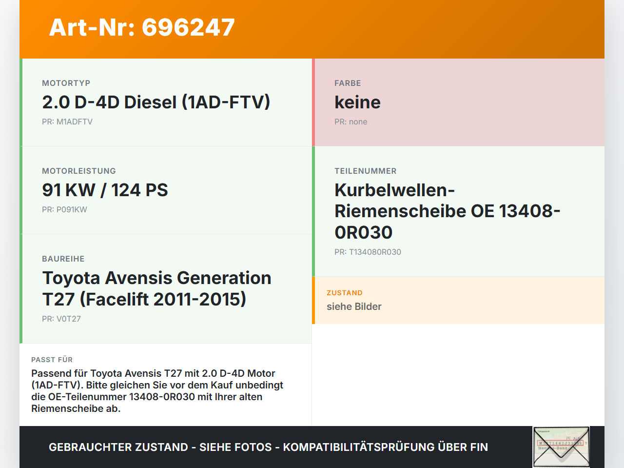 Toyota Avensis T27 11-15 2,0d 91KW 1ADFTV Riemenscheibe Toyota Avensis T27 11-15 09.03.2012 13408-0R030 gebraucht Vorschau 3