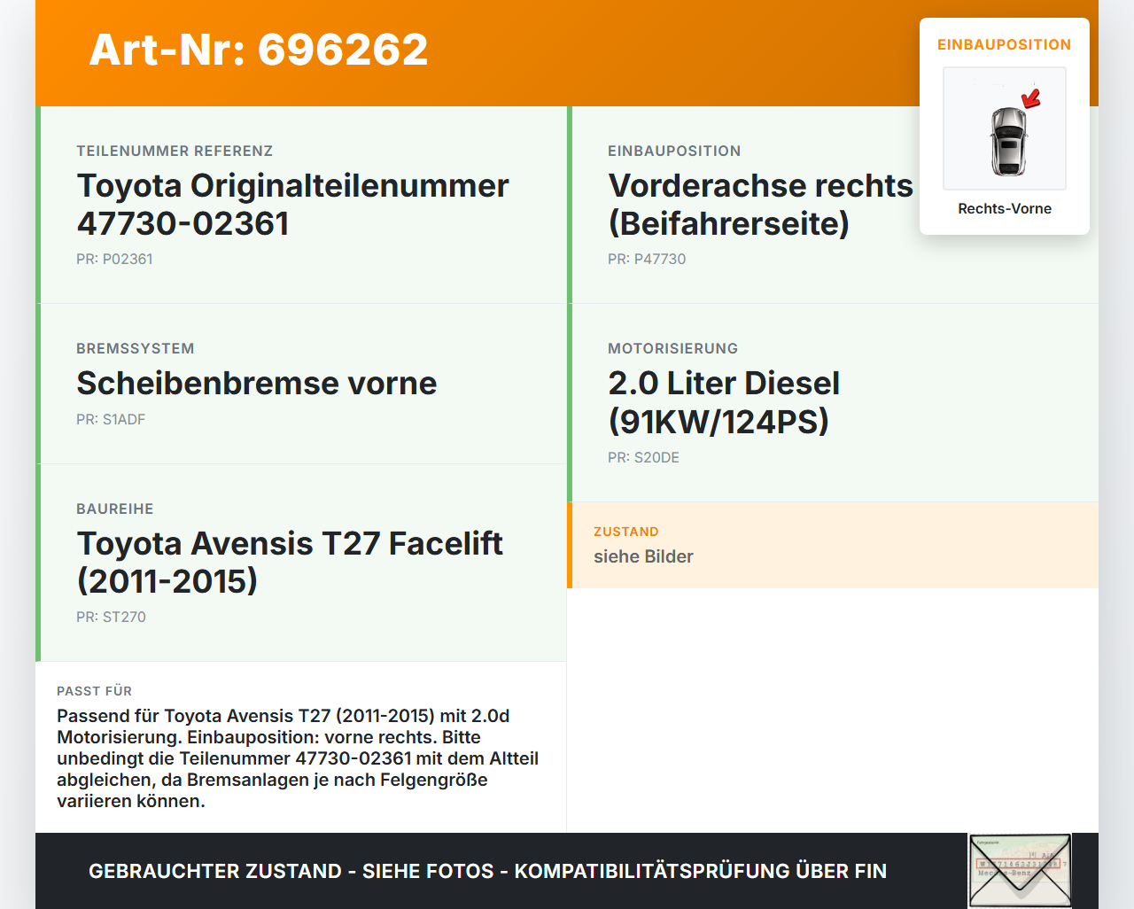 Toyota Avensis T27 11-15 2,0d 91KW Bremssattel Bremszange Vorne Rechts Toyota Avensis T27 11-15 09.03.2012... Vorschau 3
