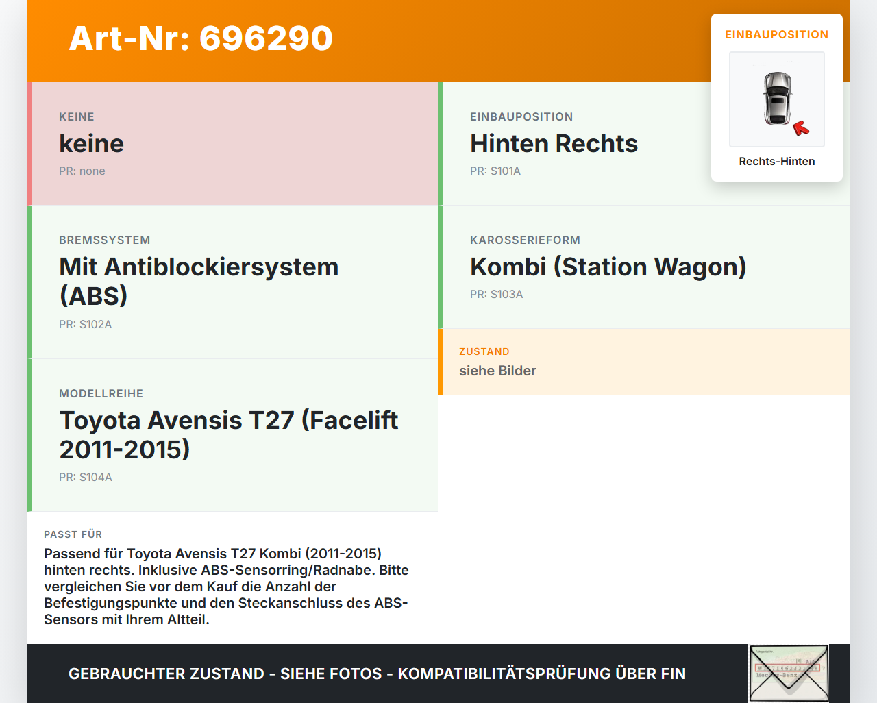 Toyota Avensis T27 11-15 Kombi 2,0d 91KW Achsschenkel Radnabe mit ABS Rechts Hinten Toyota Avensis T27 11-15... Vorschau 3