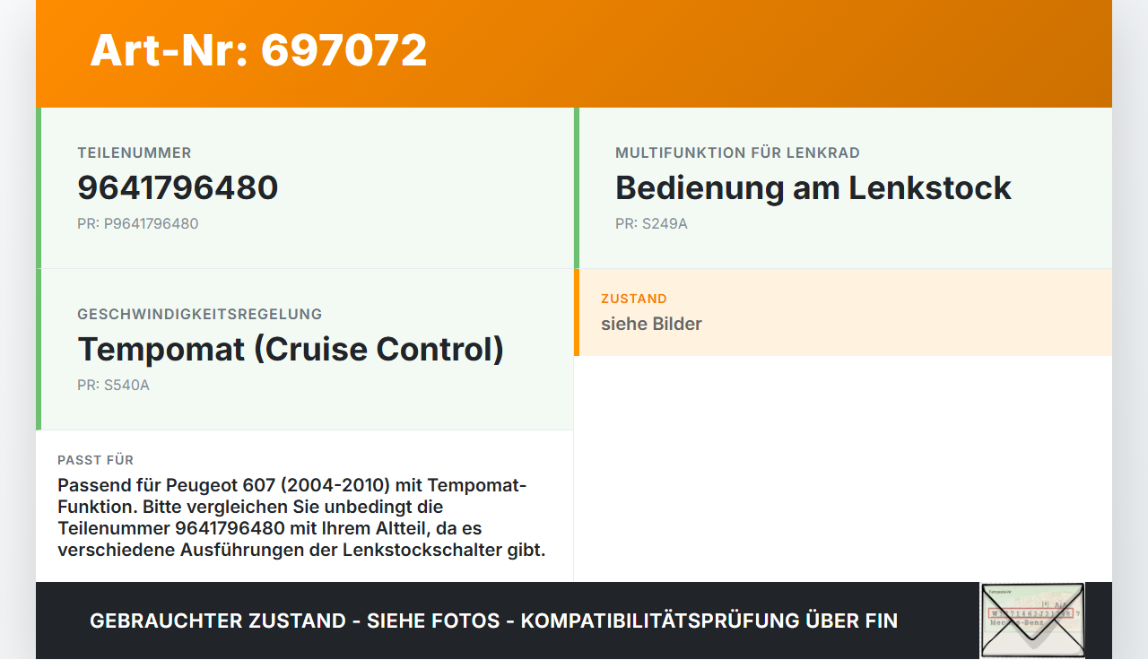 Peugeot 607 04-10 Lenkstockschalter Tempomat Bedienung Peugeot 607 04-10 30.10.2006 9641796480 gebraucht Vorschau 3