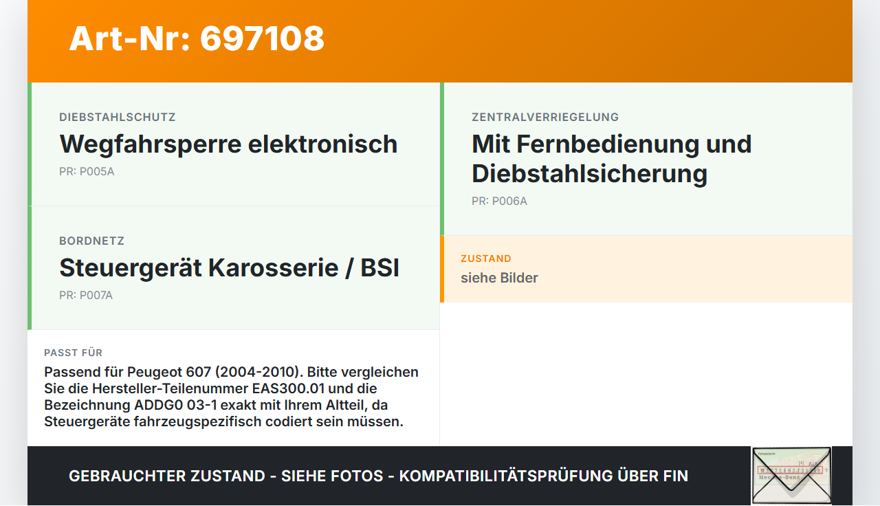 Peugeot 607 04-10 Steuergerät Marwal SG ADDG0 03-1 Wegfahrsperre Peugeot 607 04-10 30.10.2006 9647428280-01... Vorschau 3