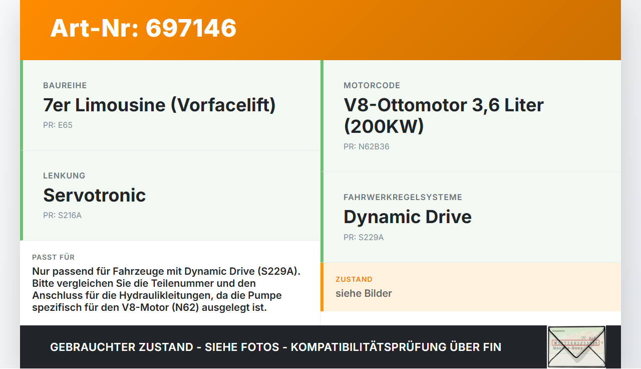 BMW E65 735i 7er 01-05 3,6 200KW Servopumpe Hydraulikpumpe für Lenkung BMW E65 735i 7er 01-05 30.07.2002 6750070... Vorschau 3