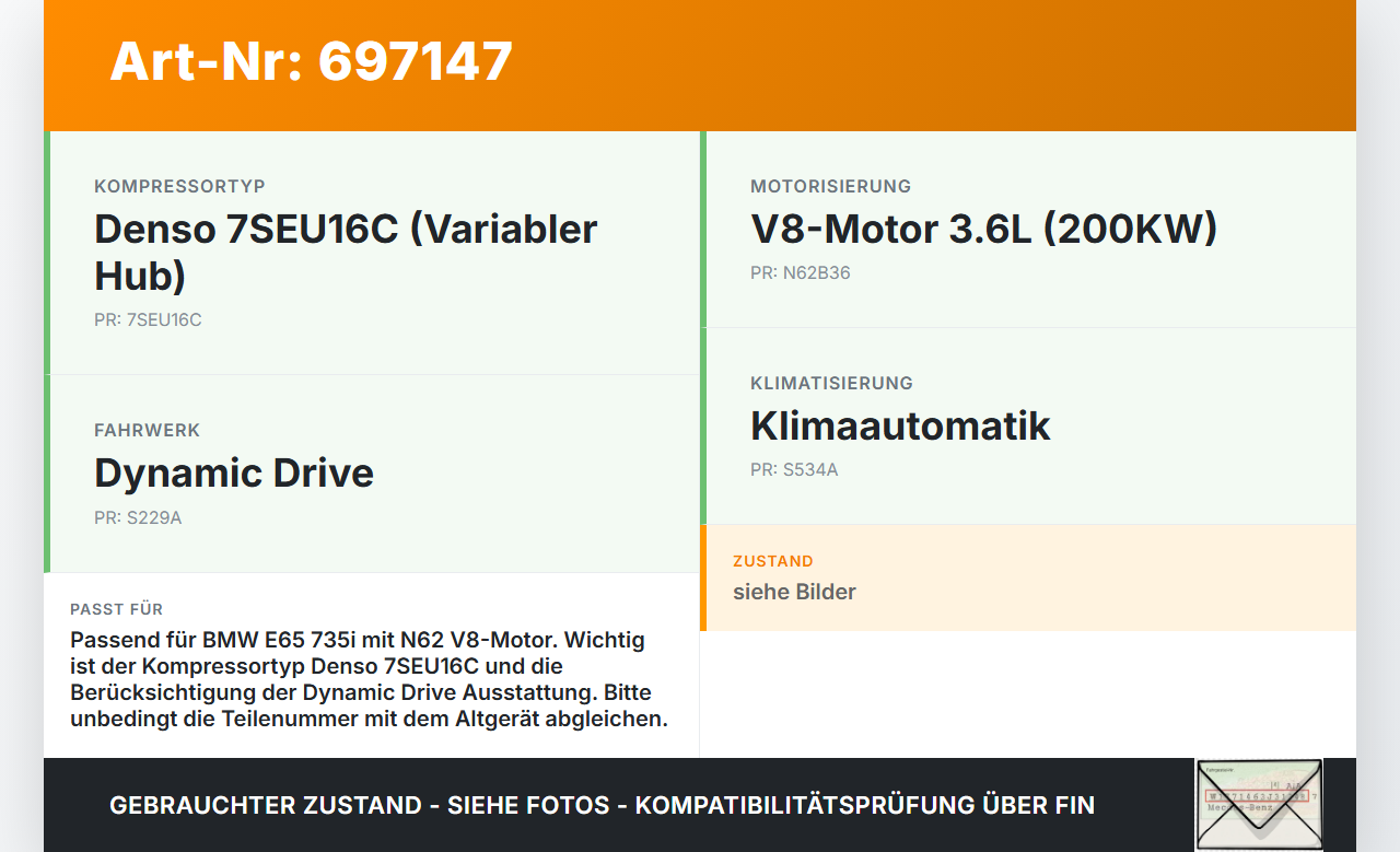 BMW E65 735i 7er 01-05 3,6 200KW Klimakompressor Klima Kompressor BMW E65 735i 7er 01-05 30.07.2002 447220-8472... Vorschau 3