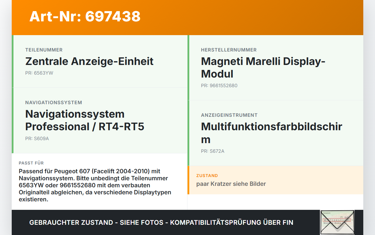 Peugeot 607 04-10 Bildschirm Display Monitor Peugeot 607 04-10 30.10.2006 9661552680 gebraucht Vorschau 3