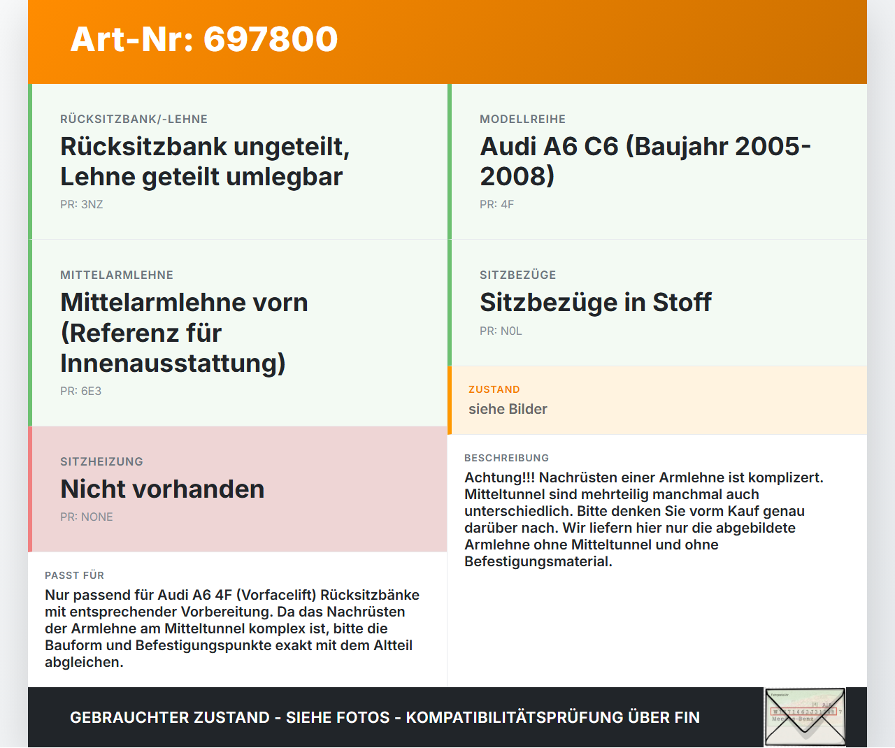 Audi A6 4F 6C 05-08 Armlehne Mittelarmlehne Auflage für Rücksitzbank Audi A6 4F 6C 05-08 27.09.2005 gebraucht Vorschau 3