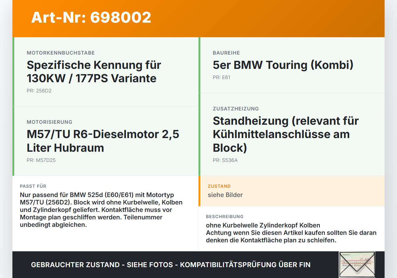 BMW E61 525d 04-07 2,5d 130KW M57/TU 256D2 Motorblock für Motor R6 BMW E61 525d 04-07 13.04.2005 gebraucht Vorschau 3