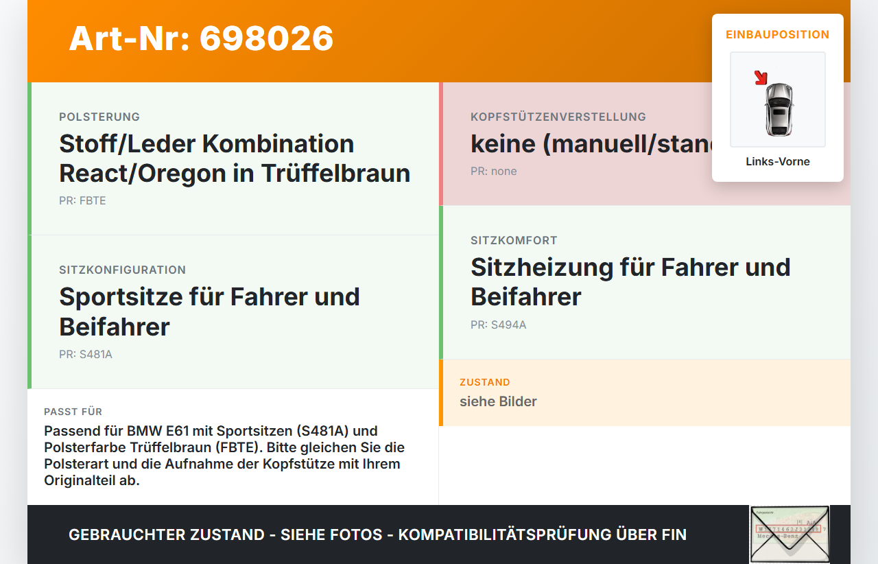 BMW E61 525d 04-07 Kopfstütze für Fahrer Sitz Links Vorne TRUEFFELBRAUN BMW E61 525d 04-07 13.04.2005 gebraucht Vorschau 3