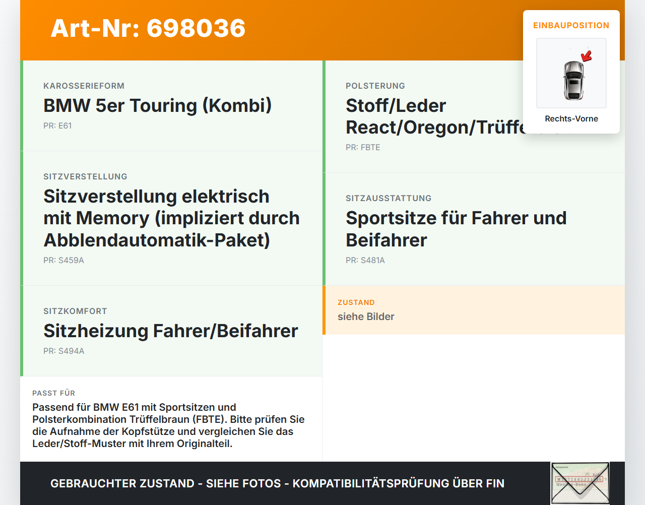 BMW E61 525d 04-07 Kombi Kopfstütze für Beifahrer Sitz Rechts Vorne TRUEFFELBRAUN BMW E61 525d 04-07 13.04.2005... Vorschau 3