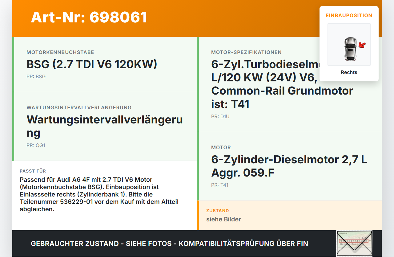 Audi A6 4F 6C 05-08 TDI 2,7 120KW BSG Nockenwelle Einlass Rechts Audi A6 4F 6C 05-08 27.09.2005 536229-01 gebraucht Vorschau 3