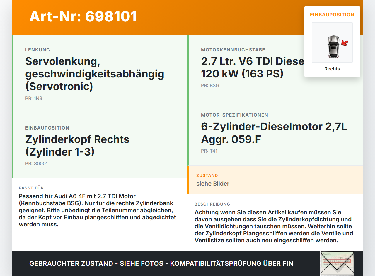 Audi A6 4F 6C 05-08 TDI 2,7 120KW BSG Zylinderkopf Rechts Audi A6 4F 6C 05-08 27.09.2005 gebraucht Vorschau 3