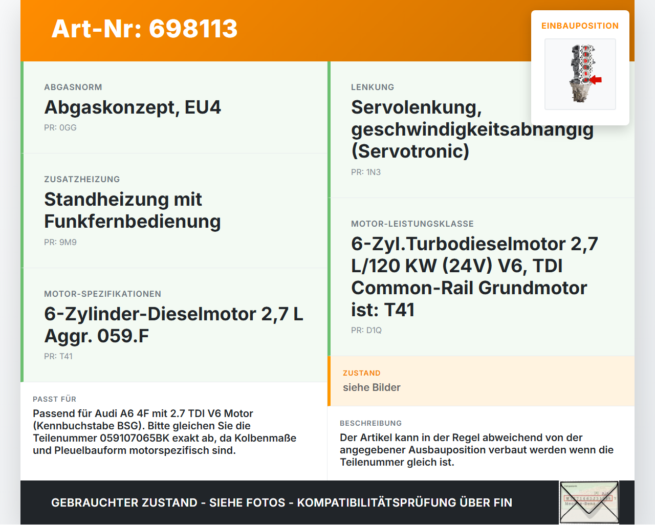 Audi A6 4F 6C 05-08 TDI 2,7 120KW BSG Kolben mit Pleuel Pos A Audi A6 4F 6C 05-08 27.09.2005 059107065BK gebraucht Vorschau 3
