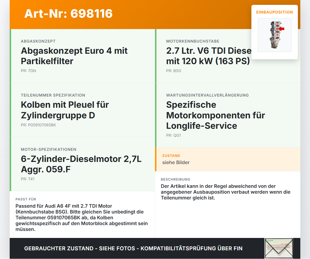 Audi A6 4F 6C 05-08 TDI 2,7 120KW BSG Kolben mit Pleuel Pos D Audi A6 4F 6C 05-08 27.09.2005 059107065BK gebraucht Vorschau 3
