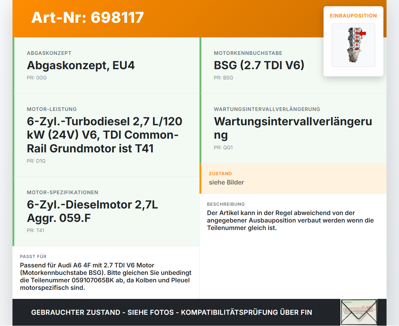 Audi A6 4F 6C 05-08 TDI 2,7 120KW BSG Kolben mit Pleuel Pos E Audi A6 4F 6C 05-08 27.09.2005 059107065BK gebraucht Vorschau 3