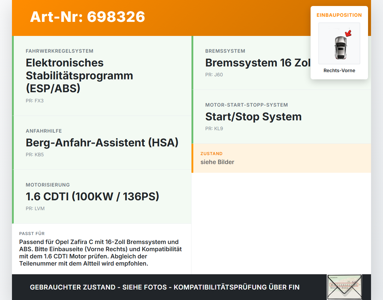 Opel Zafira C 11-16 TD 1,6 100KW Achsschenkel Radnabe mit ABS Rechts Vorne Opel Zafira C 11-16 24.03.2014 gebraucht Vorschau 3