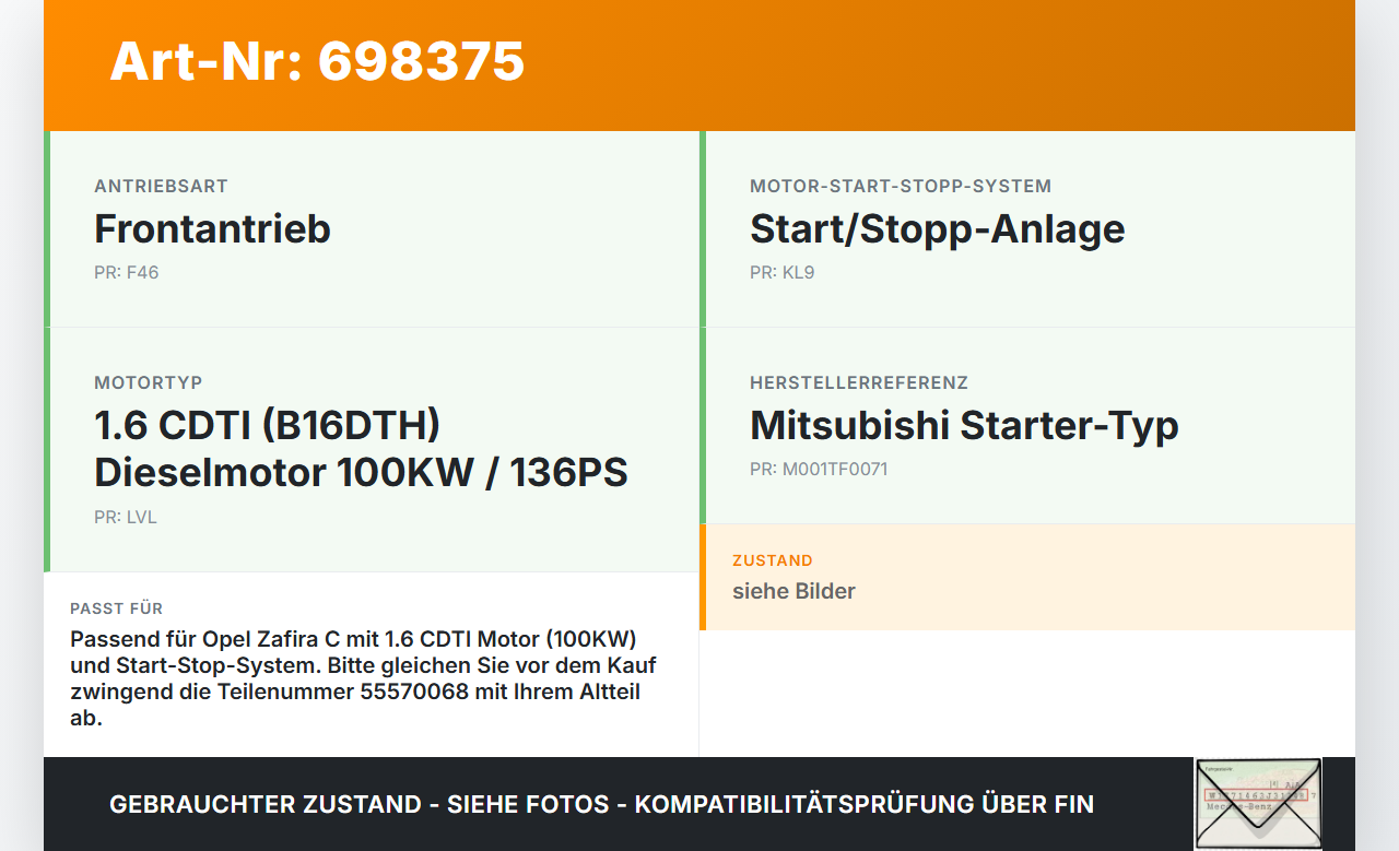 Opel Zafira C 11-16 TD 1,6 100KW Anlasser Starter Opel Zafira C 11-16 24.03.2014 55570068 M001TF0071 gebraucht Vorschau 3
