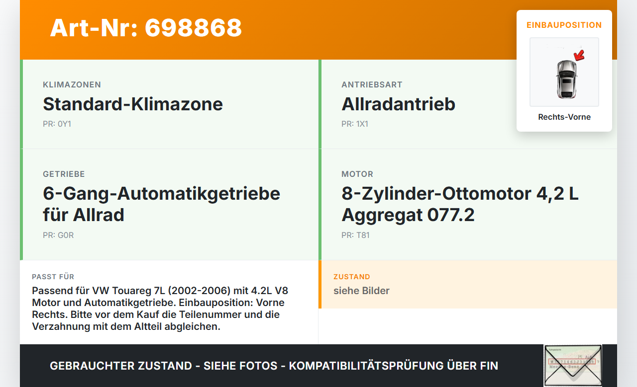 VW Touareg 7L 02-06 V8 4,2 228KW Autom Antriebswelle Gelenkwelle Rechts Vorne VW Touareg 7L 02-06 29.04.2003... Vorschau 3
