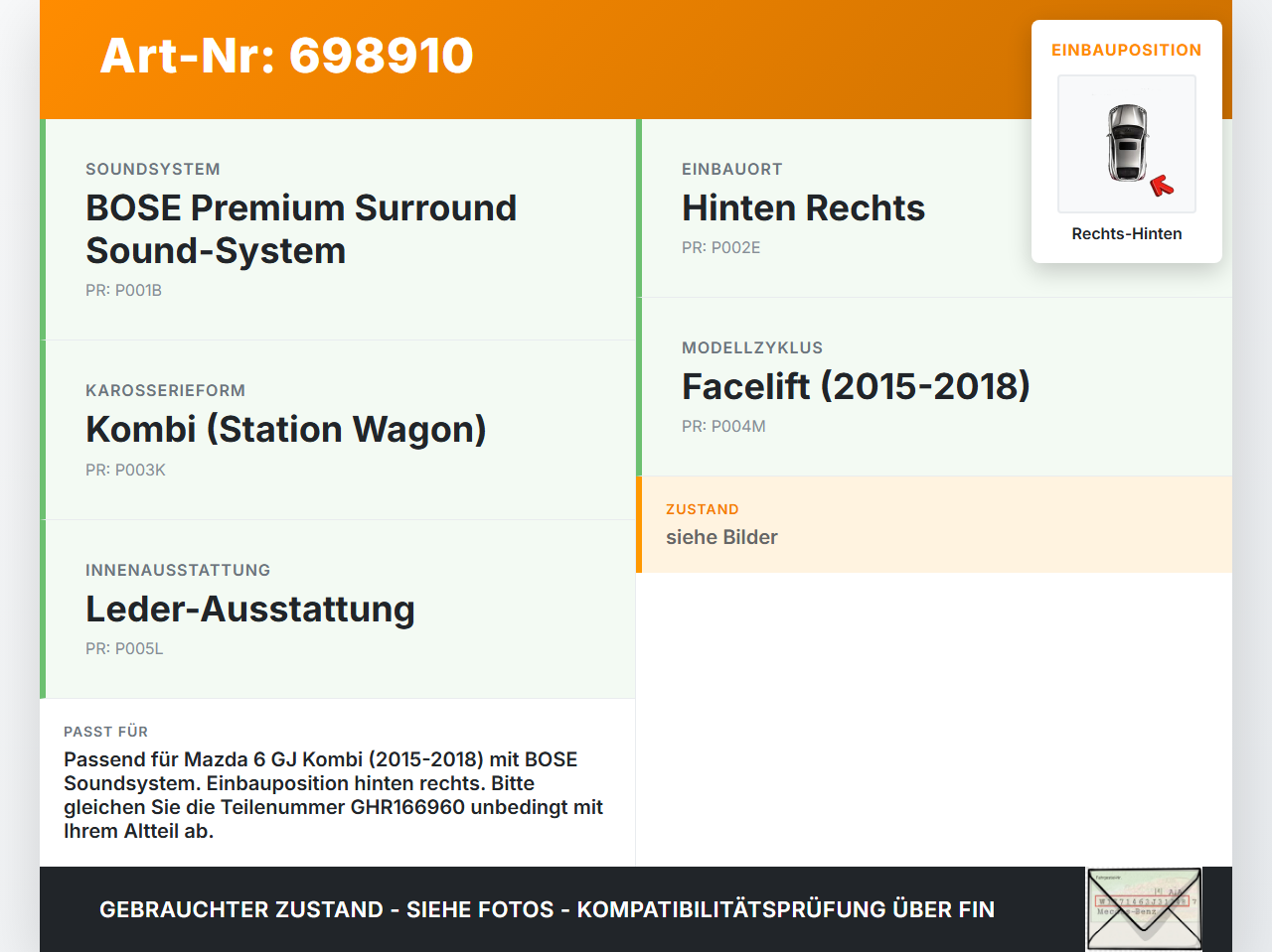 Mazda 6 GJ 15-18 Kombi BOSE Lautsprecher Lautsprecher Rechts Hinten Mazda 6 GJ 15-18 16.10.2015 GHR166960 gebraucht Vorschau 3