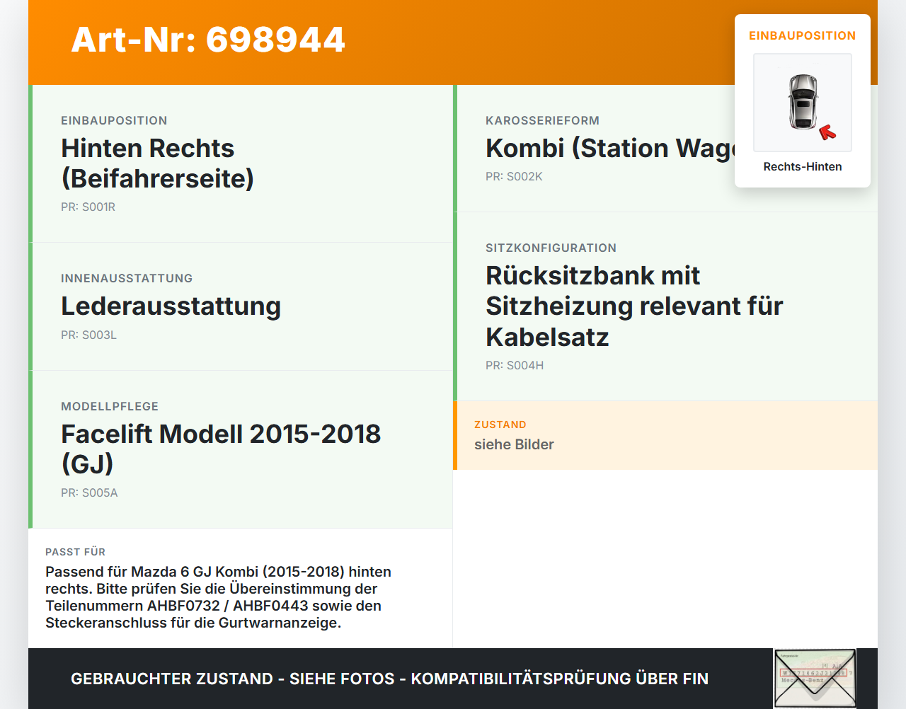 Mazda 6 GJ 15-18 Kombi Gurtschloss Rechts Hinten Mazda 6 GJ 15-18 16.10.2015 AHBF0443 AHBF0732 gebraucht Vorschau 3