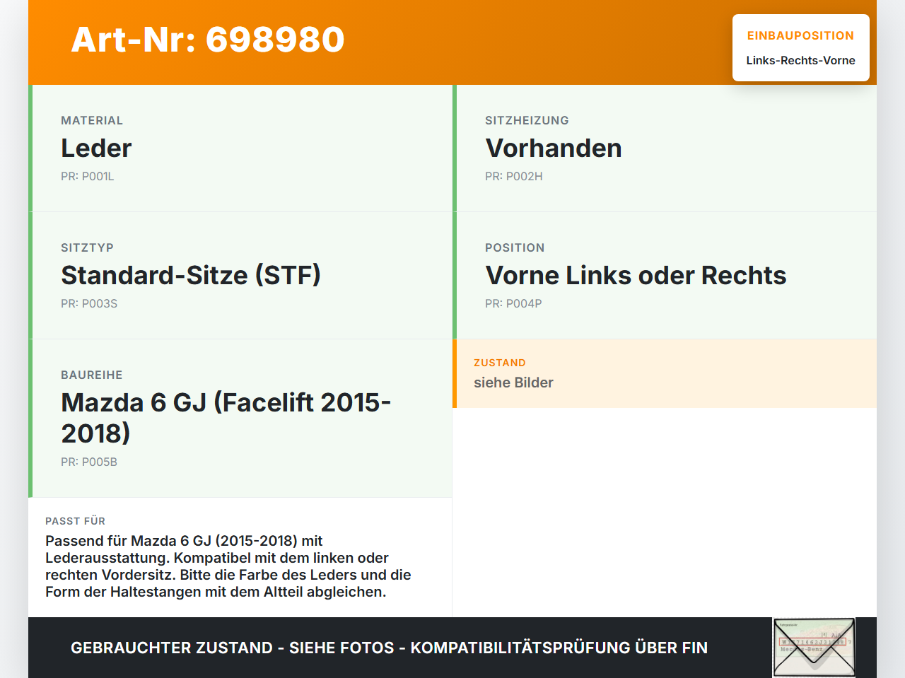 Mazda 6 GJ 15-18 Kombi Kopfstütze für Beifahrer Sitz Rechts oder Links Vorne Leder Mazda 6 GJ 15-18 16.10.2015 gebraucht Vorschau 3