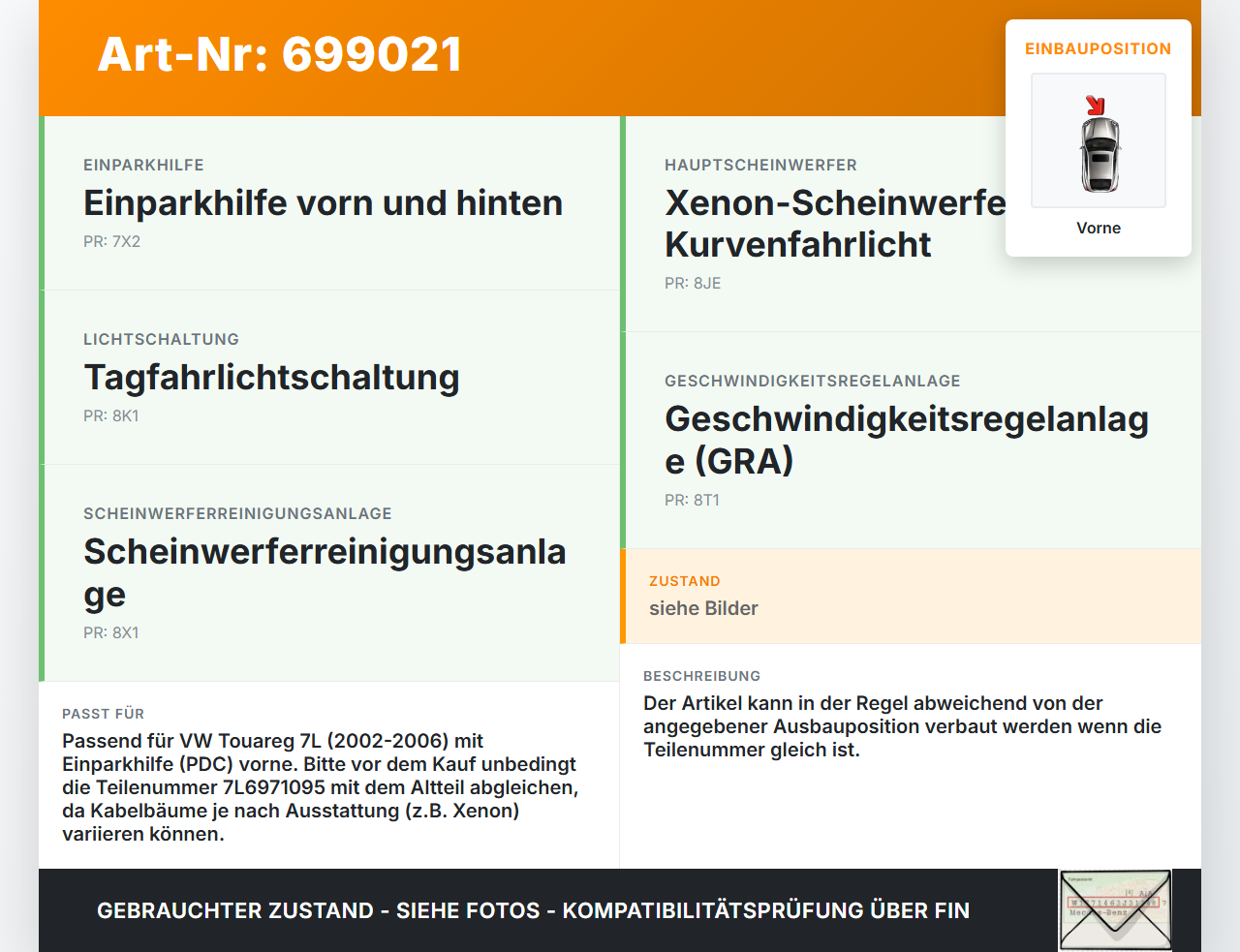 VW Touareg 7L 02-06 PDC Kabelbaum Pos.1 Vorne VW Touareg 7L 02-06 29.04.2003 7L6971095 gebraucht Vorschau 3