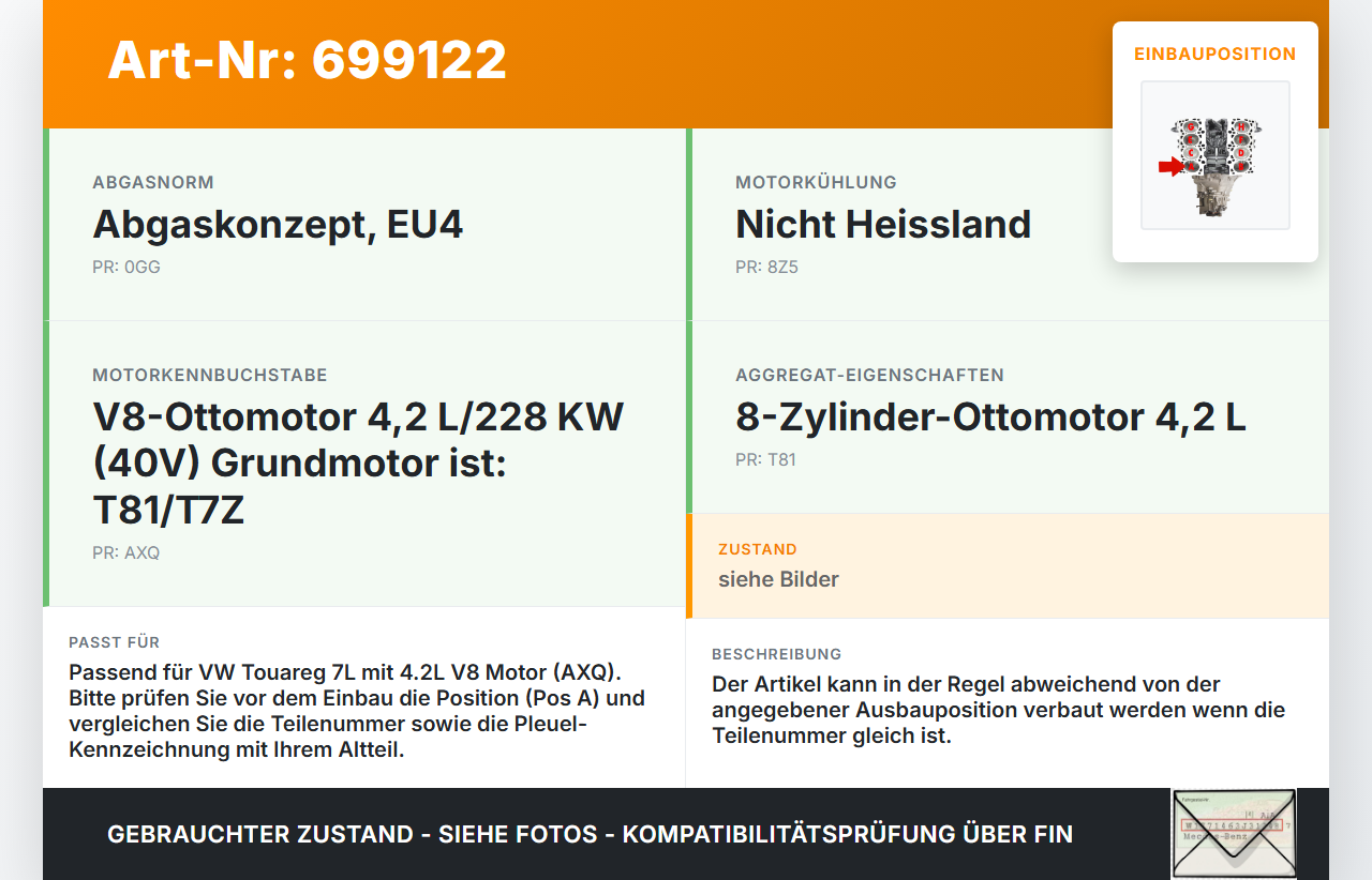 VW Touareg 7L 02-06 V8 4,2 228KW AXQ Kolben mit Pleuel Pos A VW Touareg 7L 02-06 29.04.2003 gebraucht Vorschau 3