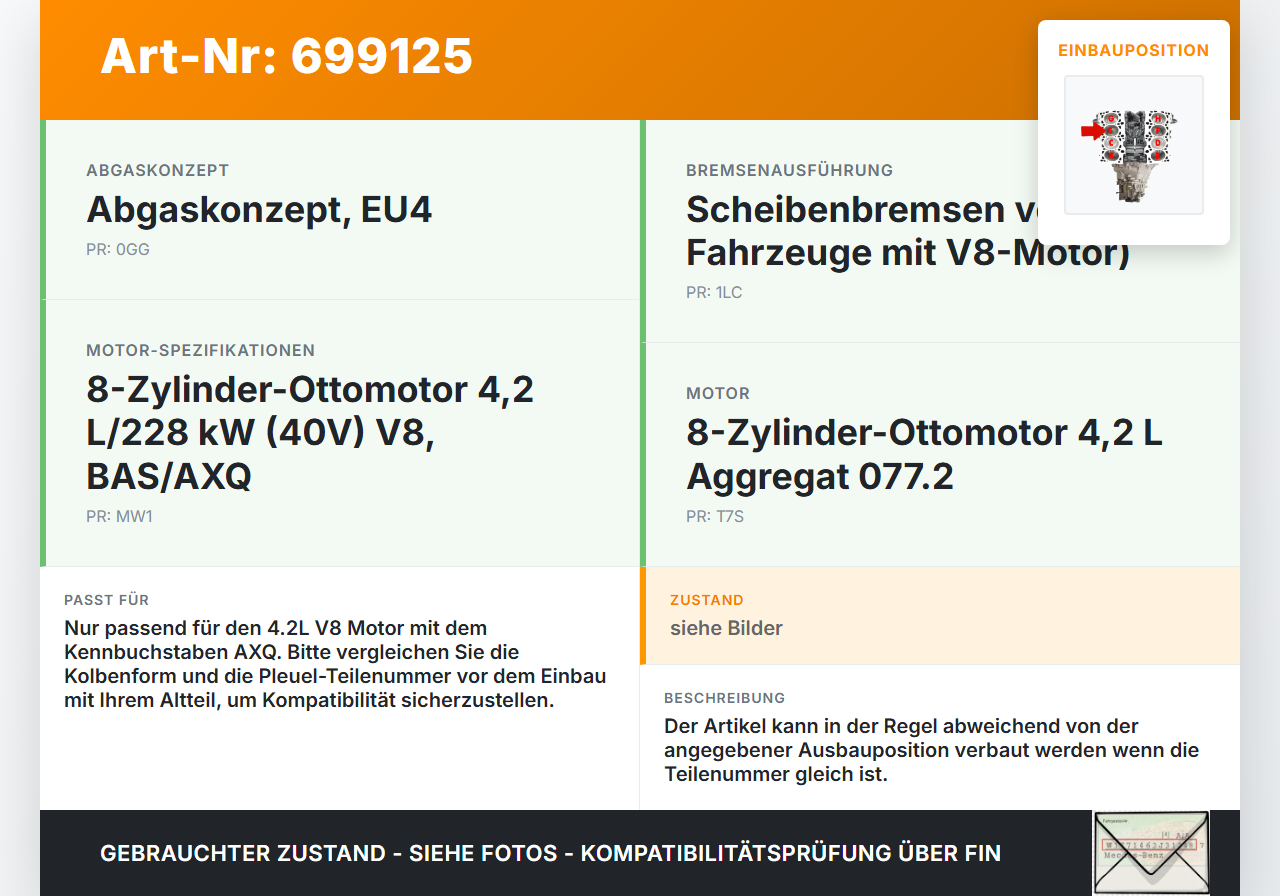VW Touareg 7L 02-06 V8 4,2 228KW AXQ Kolben mit Pleuel Pos E VW Touareg 7L 02-06 29.04.2003 gebraucht Vorschau 3