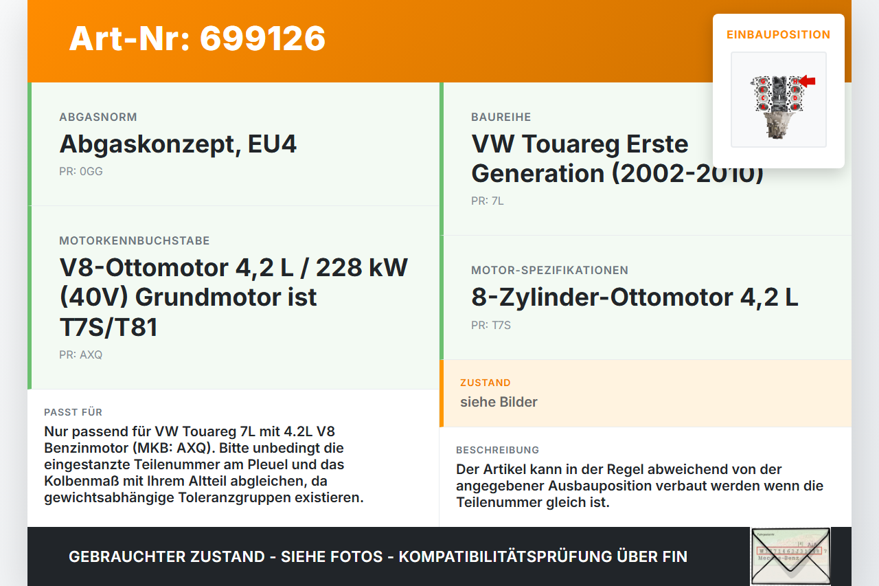 VW Touareg 7L 02-06 V8 4,2 228KW AXQ Kolben mit Pleuel Pos H VW Touareg 7L 02-06 29.04.2003 gebraucht Vorschau 3