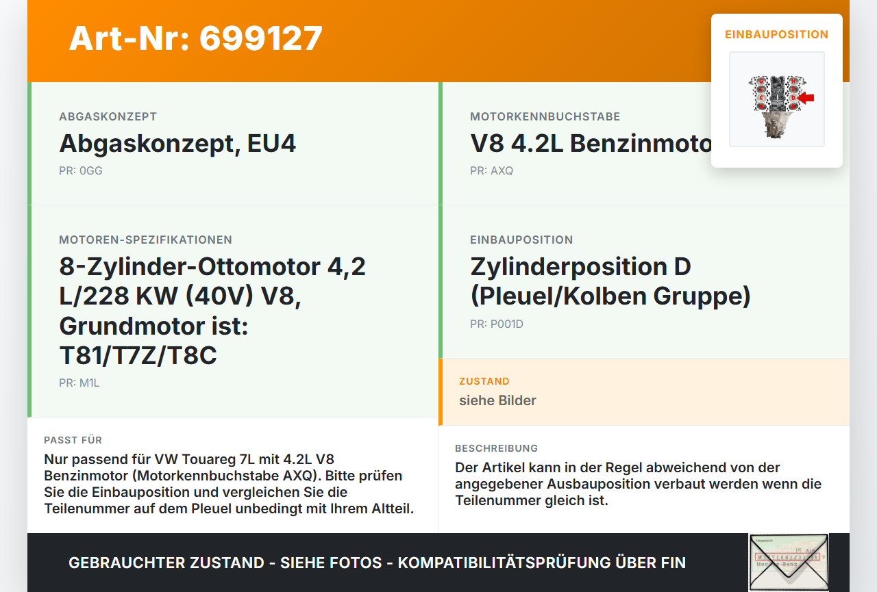 VW Touareg 7L 02-06 V8 4,2 228KW AXQ Kolben mit Pleuel Pos D VW Touareg 7L 02-06 29.04.2003 gebraucht Vorschau 3