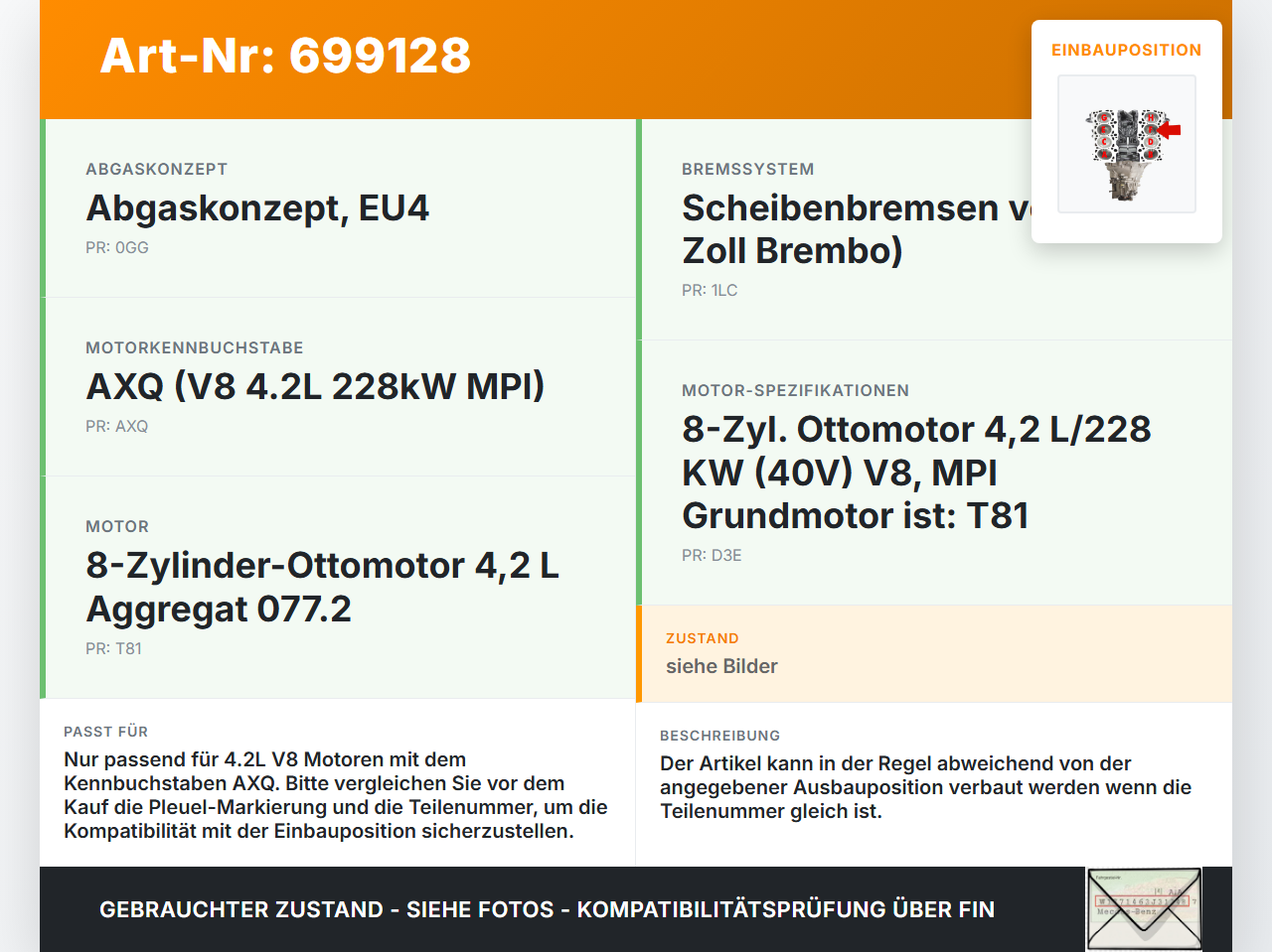VW Touareg 7L 02-06 V8 4,2 228KW AXQ Kolben mit Pleuel Pos F VW Touareg 7L 02-06 29.04.2003 gebraucht Vorschau 3
