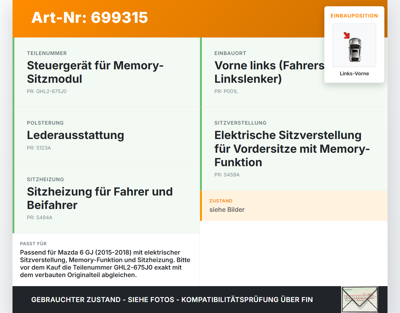 Mazda 6 GJ 15-18 Steuergeräte Sitzmodul Links Vorne Memory Control Mazda 6 GJ 15-18 16.10.2015 GHL2-675J0... Vorschau 3