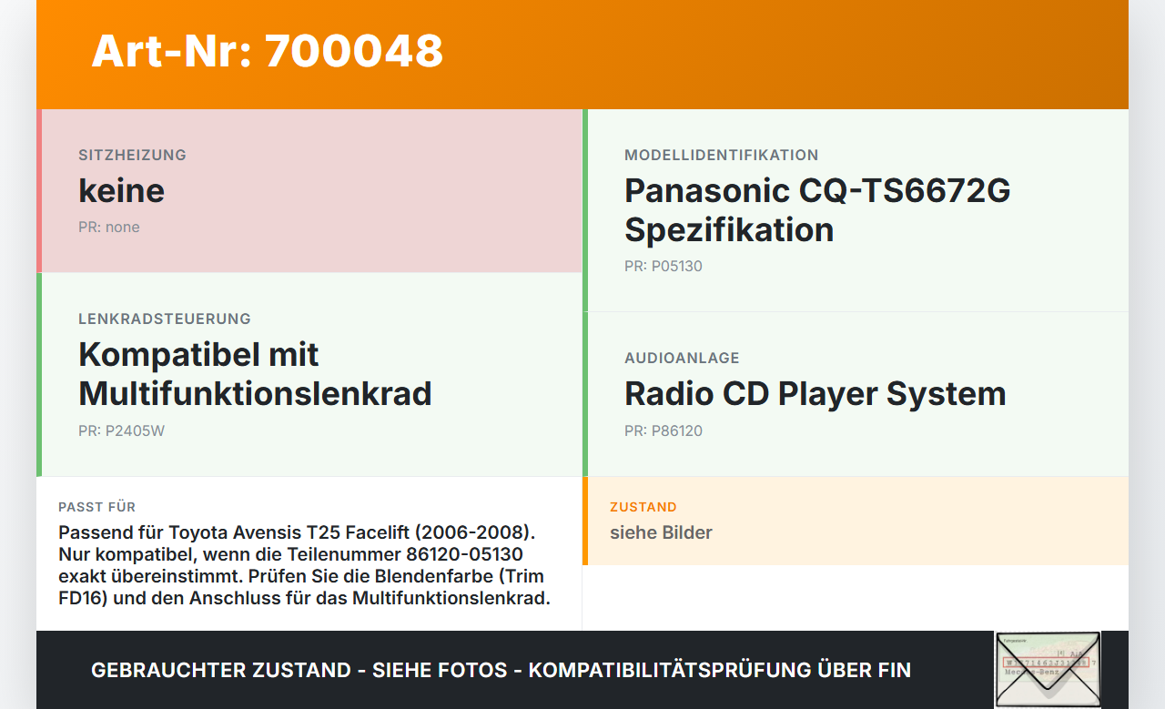 Toyota Avensis T25 06-08 Radio CD Player Toyota Avensis T25 06-08 21.05.2007 86120-05130 CQ-TS6672G gebraucht Vorschau 3