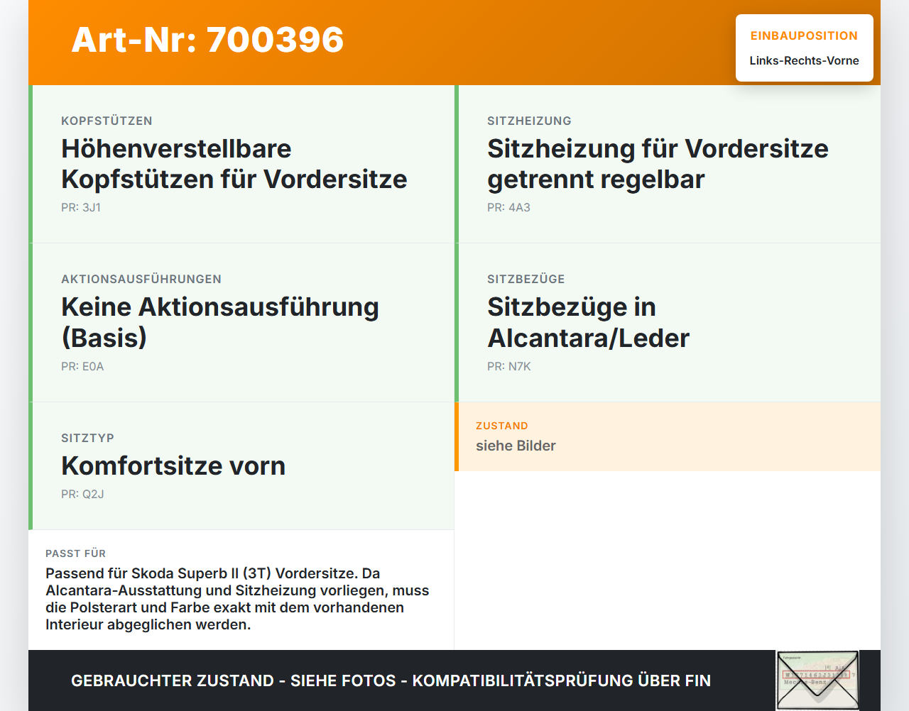 Skoda Superb II 3T 08-13 Kombi Kopfstütze für Beifahrer Sitz Rechts oder Links Vorne Skoda Superb II 3T 08-13... Vorschau 3