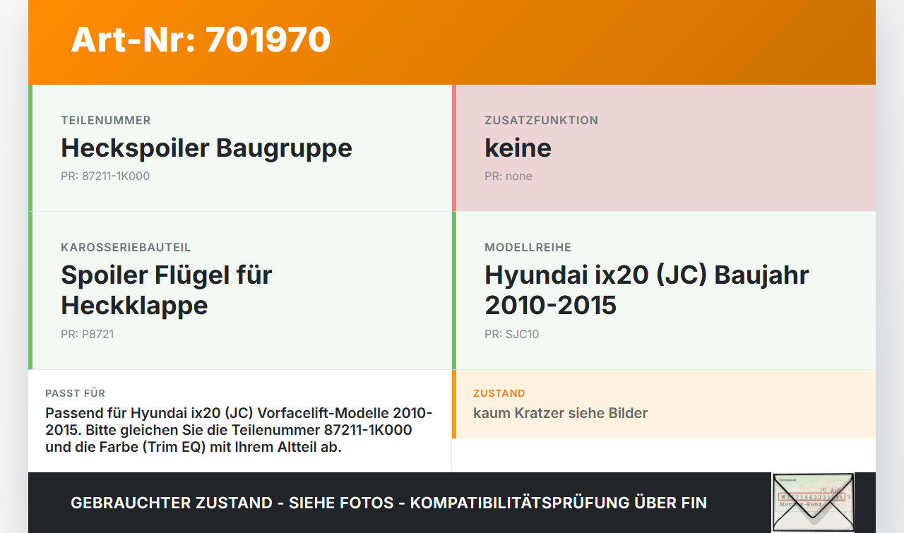 Hyundai IX20 JC 10-15 Spoiler für Heckklappe Hyundai IX20 JC 10-15 20.09.2011 87211-1K000 gebraucht Vorschau 3