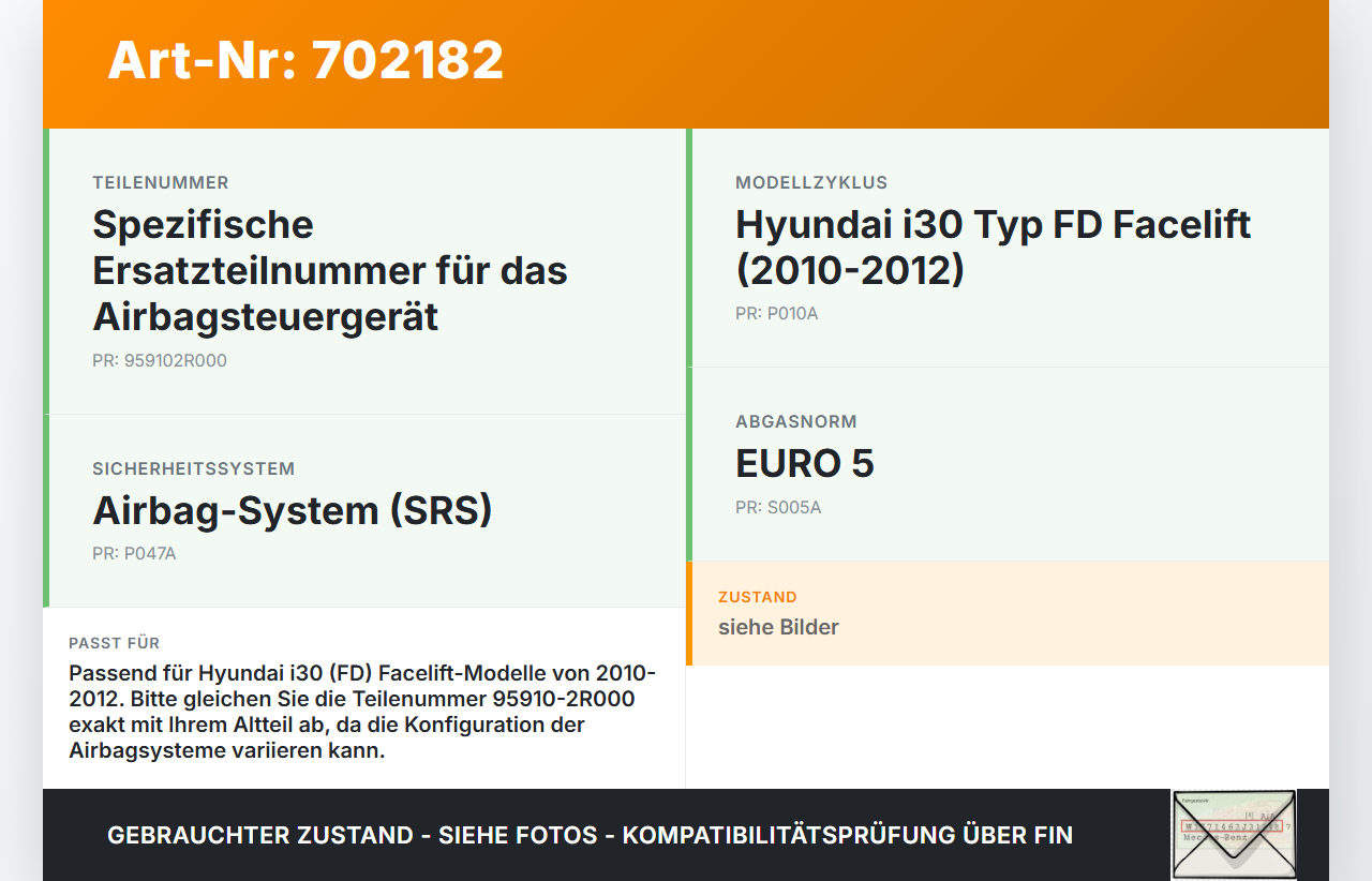 Hyundai I30 FD 10-12 Airbag Steuergerät Airbagsteuergerät Hyundai I30 FD 10-12 27.10.2011 959102R000 95910-2R000... Vorschau 3