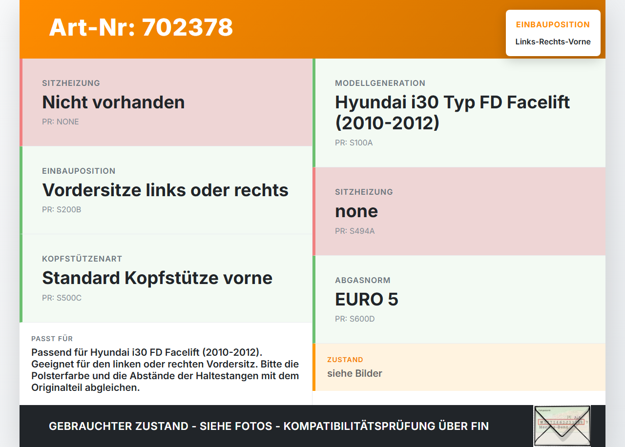 Hyundai I30 FD 10-12 Kopfstütze für Fahrer Sitz Rechts oder Links Vorne Hyundai I30 FD 10-12 30.09.2011 gebraucht Vorschau 3
