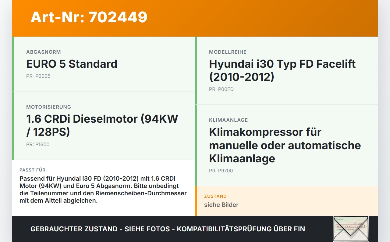 Hyundai I30 FD 10-12 CRDi 1,6 94KW Klimakompressor Klima Kompressor Hyundai I30 FD 10-12 27.10.2011 F500-AN8CA-03... Vorschau 3