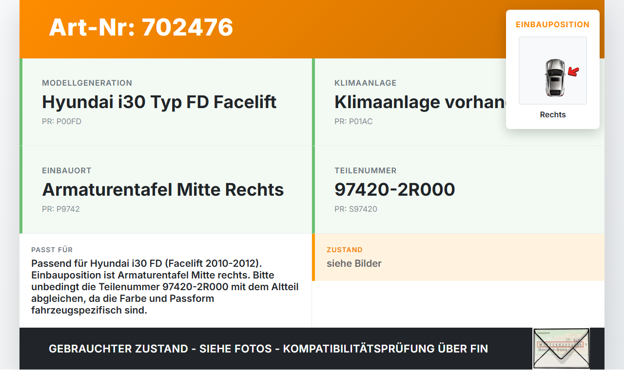 Hyundai I30 FD 10-12 Luftdusche Luftdüse Rechts Mitte Hyundai I30 FD 10-12 30.09.2011 97420-2R000 gebraucht Vorschau 3