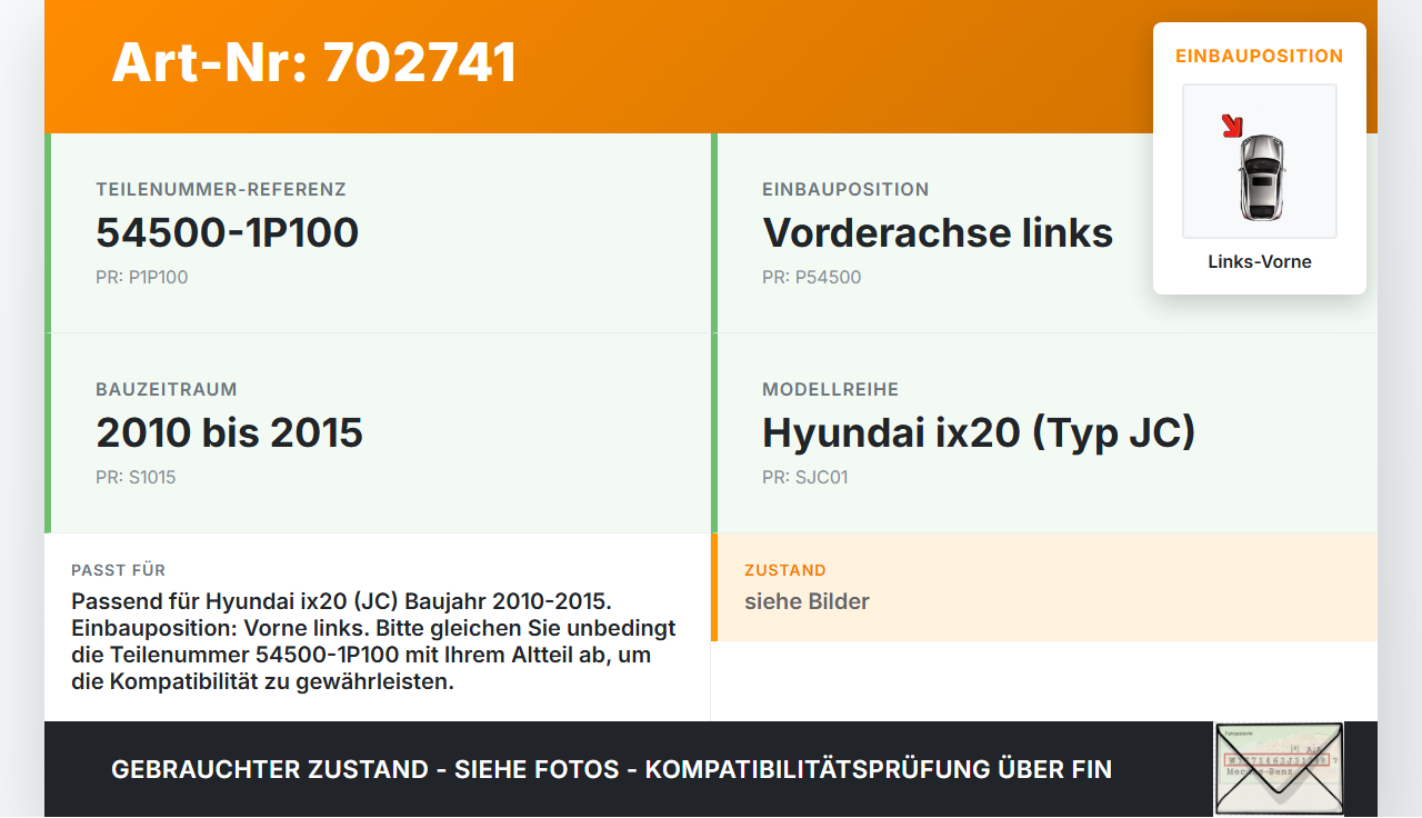 Hyundai IX20 JC 10-15 Querlenker Links Vorne Hyundai IX20 JC 10-15 22.09.2011 54500-1P100 gebraucht Vorschau 3