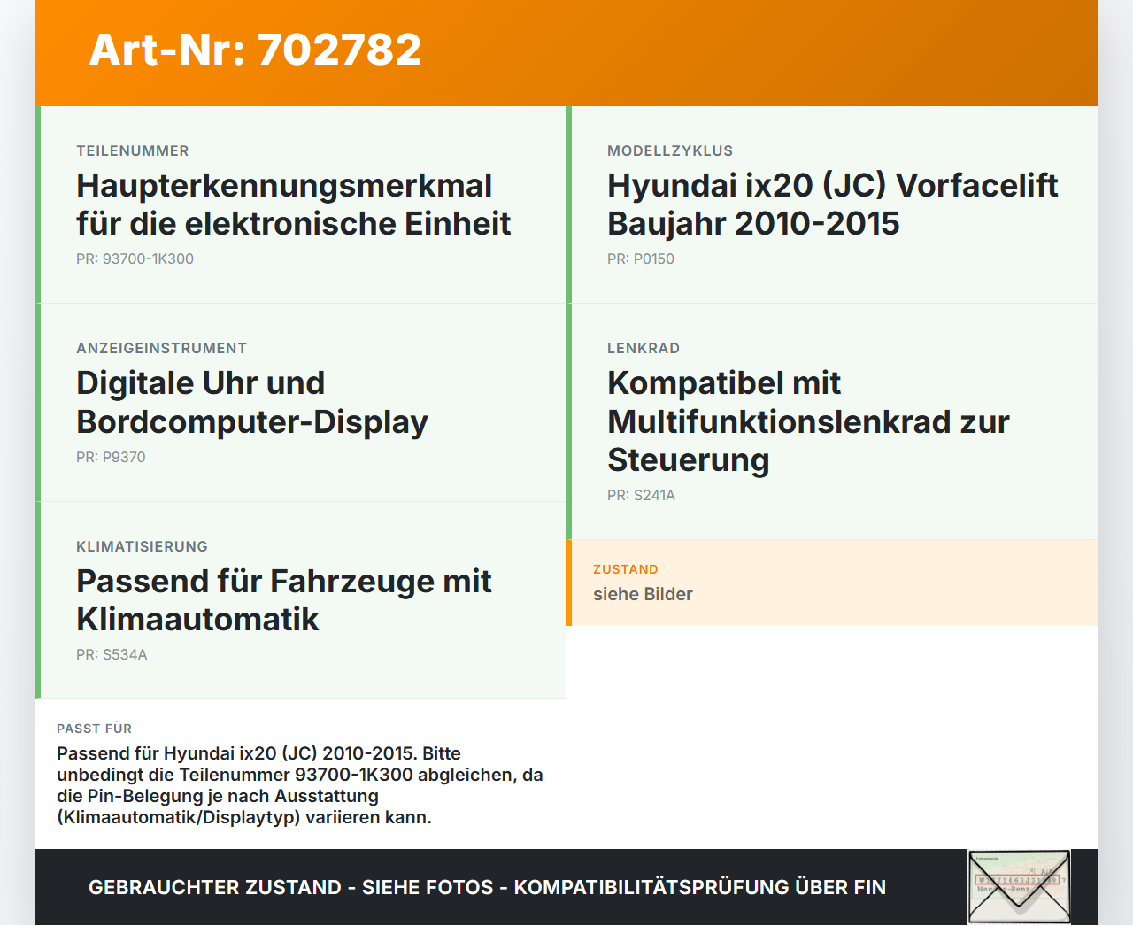 Hyundai IX20 JC 10-15 Bordcomputer Uhr Display Monitor Hyundai IX20 JC 10-15 03.10.2011 94510-1K000 gebraucht Vorschau 3