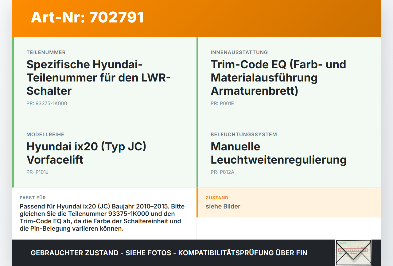 Hyundai IX20 JC 10-15 LWR Schalter Leuchtweitenregler Hyundai IX20 JC 10-15 03.10.2011 93375-1K000 gebraucht Vorschau 3